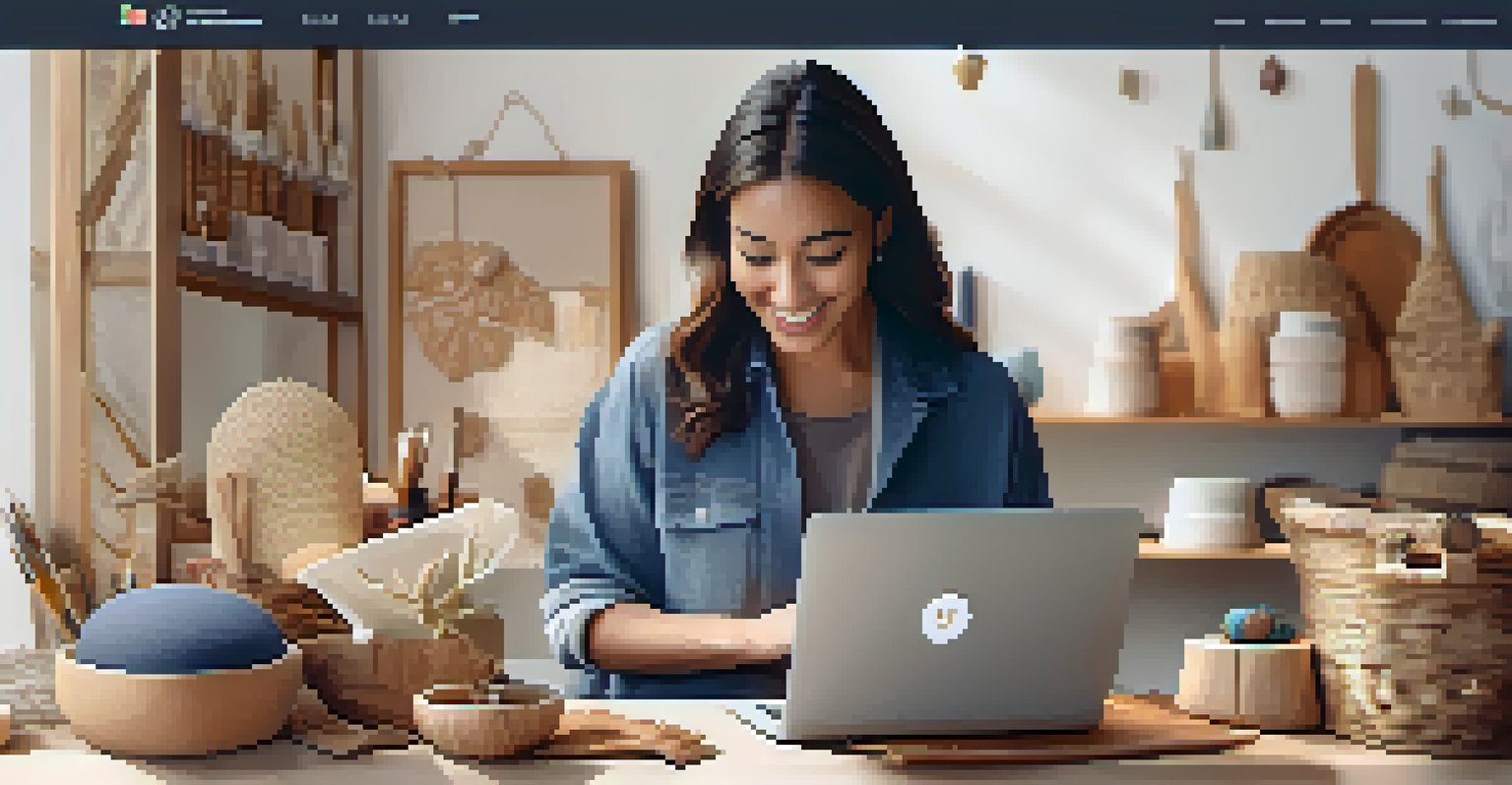 An artisan's workspace with handmade crafts and a laptop showing an online store.