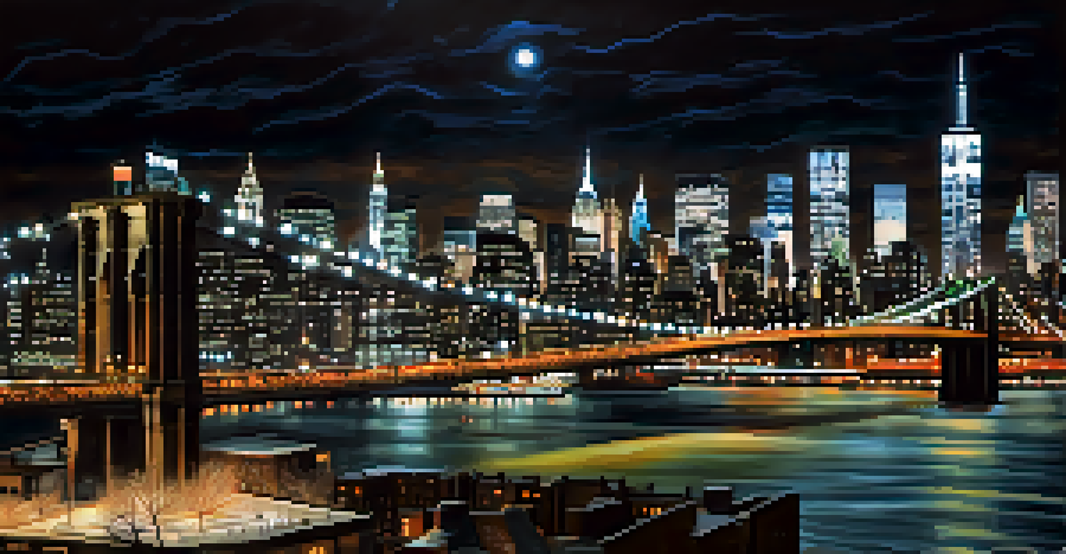 An aerial view of the New York City skyline at night, with illuminated buildings and the Brooklyn Bridge glowing in the foreground.