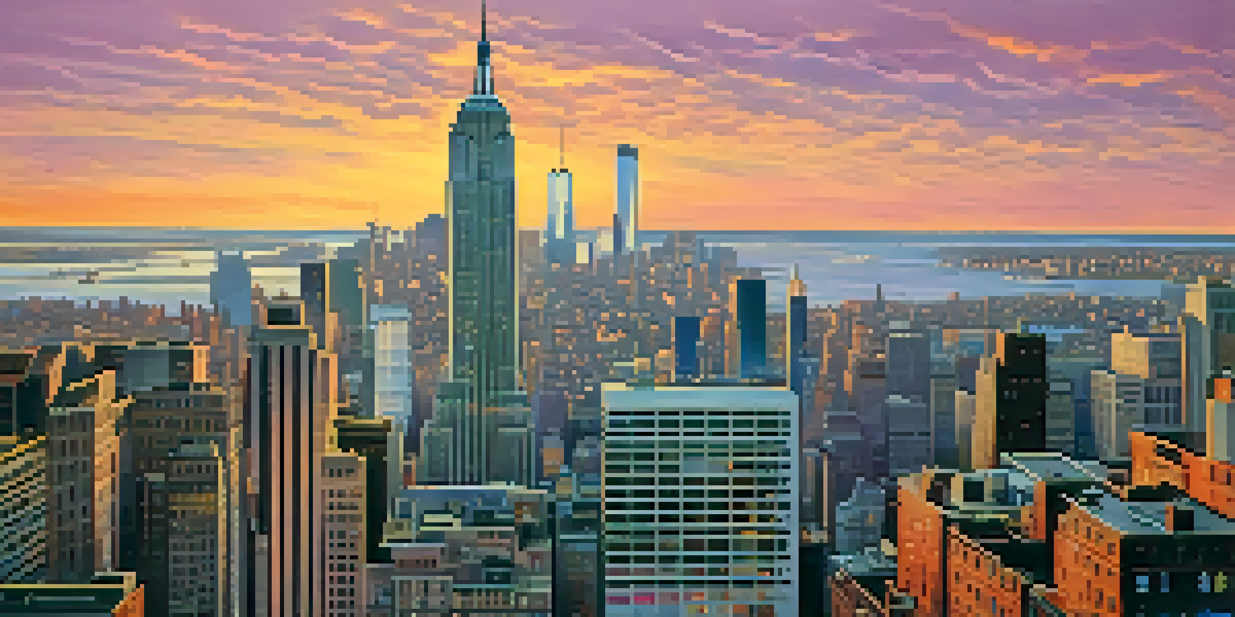 A panoramic view of NYC's financial district at sunset, with colorful skies and busy streets.