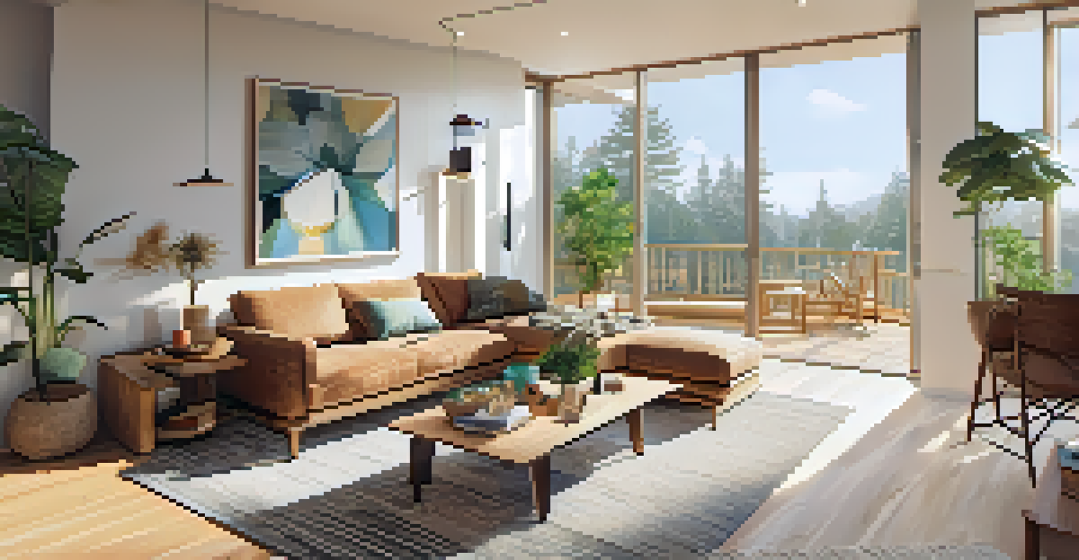 Interior view of a stylish eco-friendly multi-family apartment with large windows, bamboo flooring, and smart home technology.