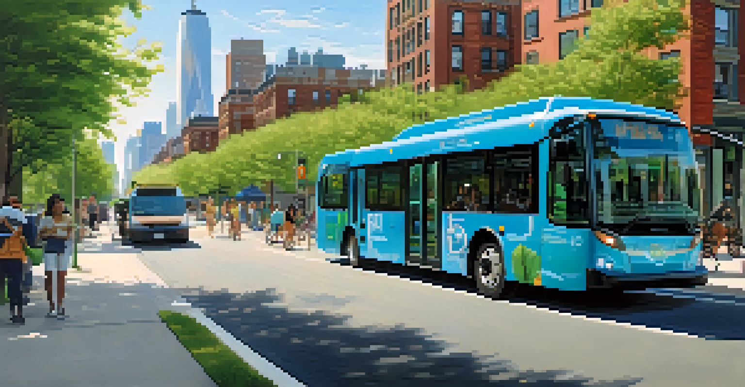 An electric bus in a green neighborhood of New York City, surrounded by trees, plants, and pedestrians, emphasizing eco-friendly transportation.