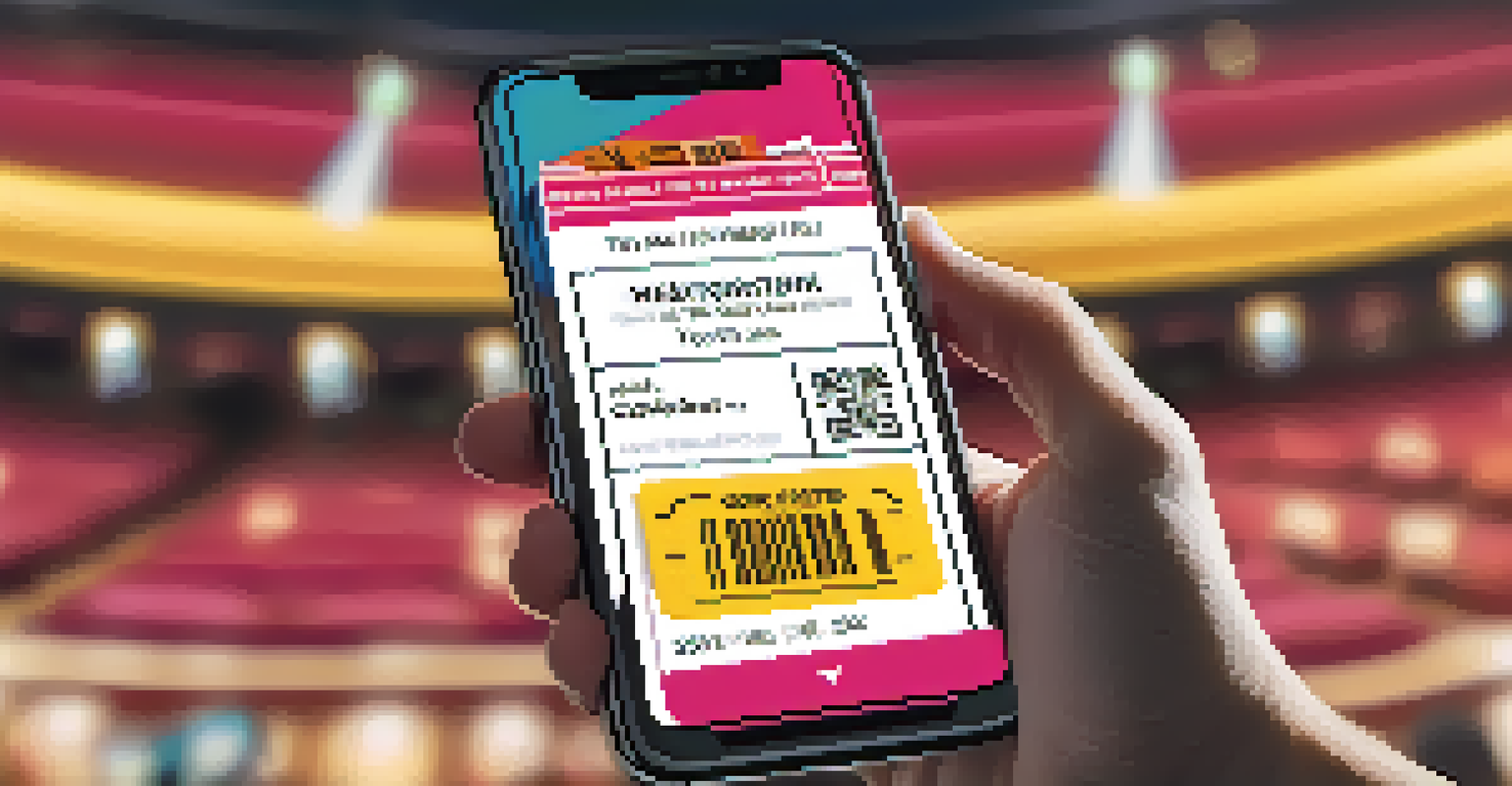 A close-up of a hand holding a smartphone with a theater ticket app, showcasing discounted ticket offers.