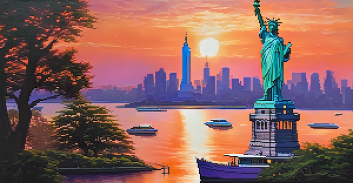A sunset view of the Statue of Liberty with a colorful sky and boats in the water.