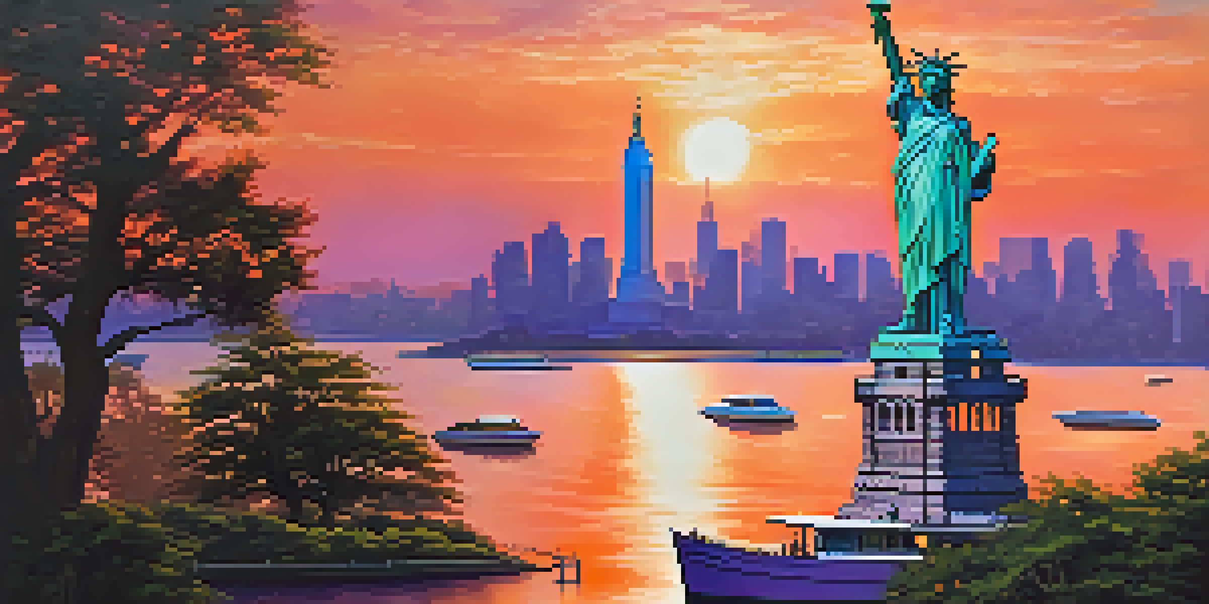 A sunset view of the Statue of Liberty with a colorful sky and boats in the water.