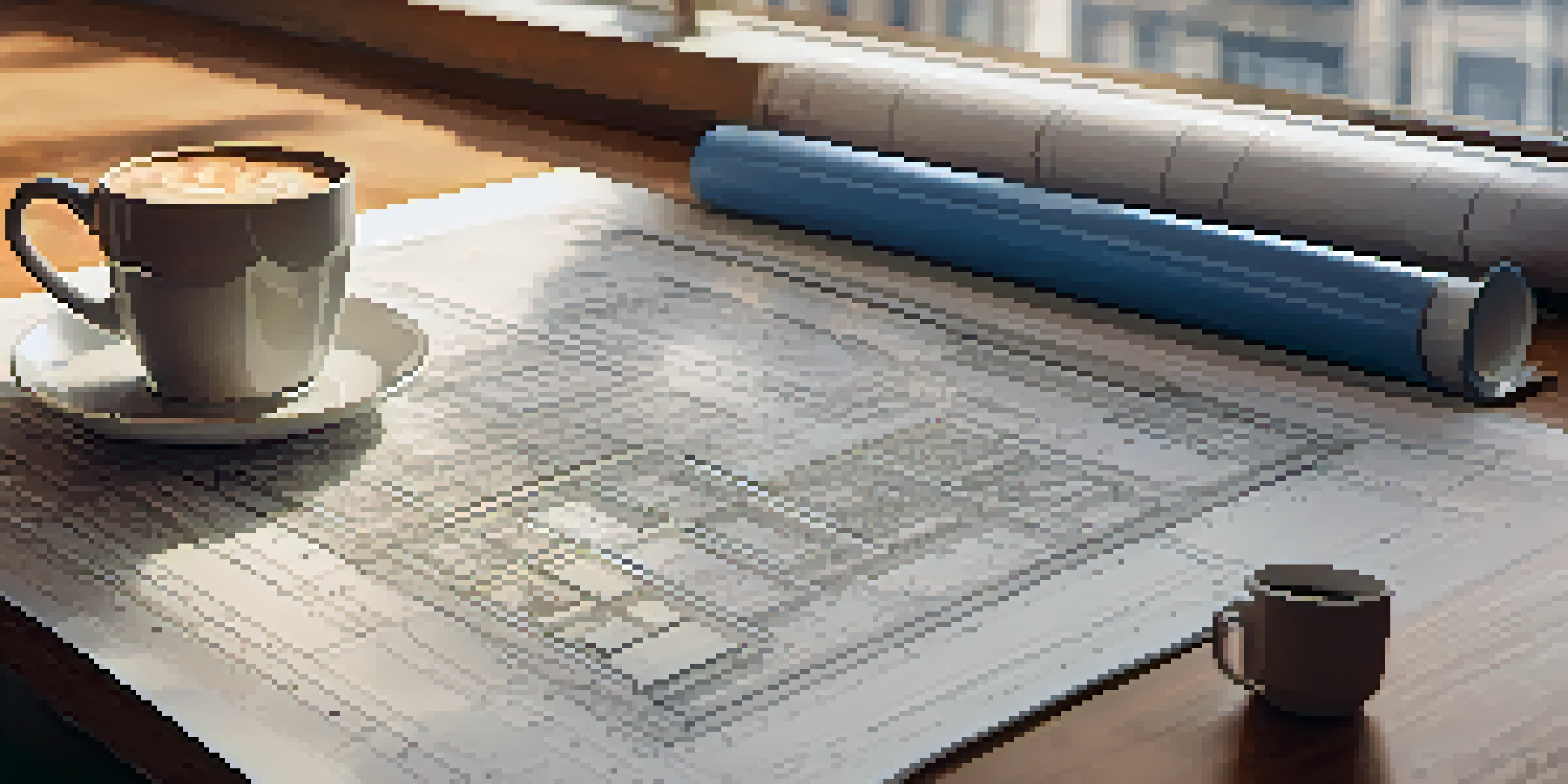 An architectural blueprint with a cup of coffee, illuminated by morning light.