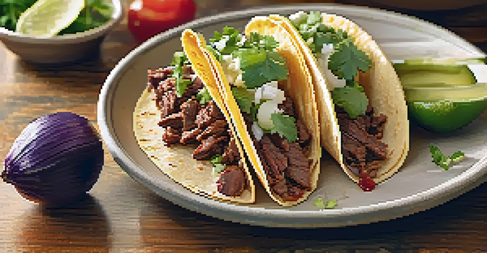 A close-up image of a carne asada taco with fresh toppings and salsa on a wooden table.