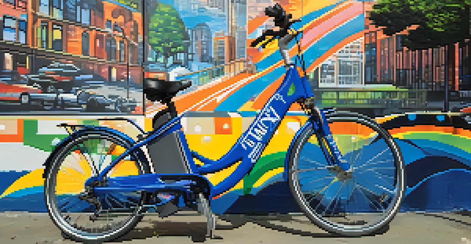A close-up of a parked Citi Bike at a docking station, with a colorful mural in the background.