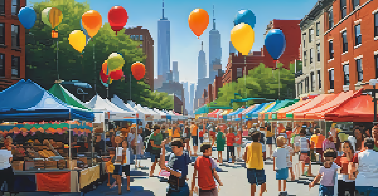 A vibrant street fair in New York City featuring local crafts and food, with families enjoying the festivities and the skyline in the background.