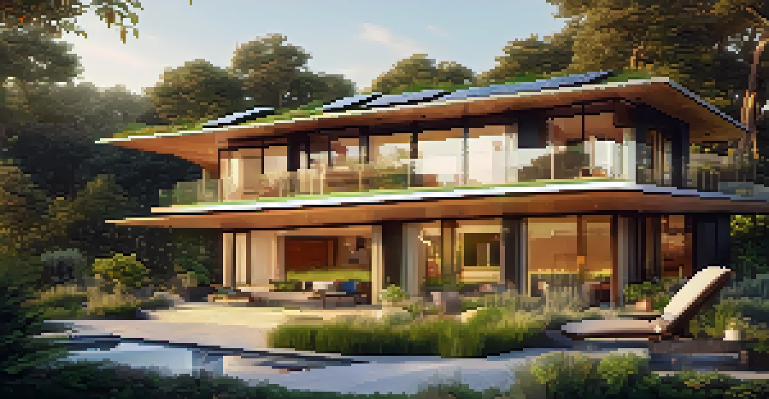 An eco-friendly luxury home with a green roof and solar panels, surrounded by gardens, illuminated by golden hour light.