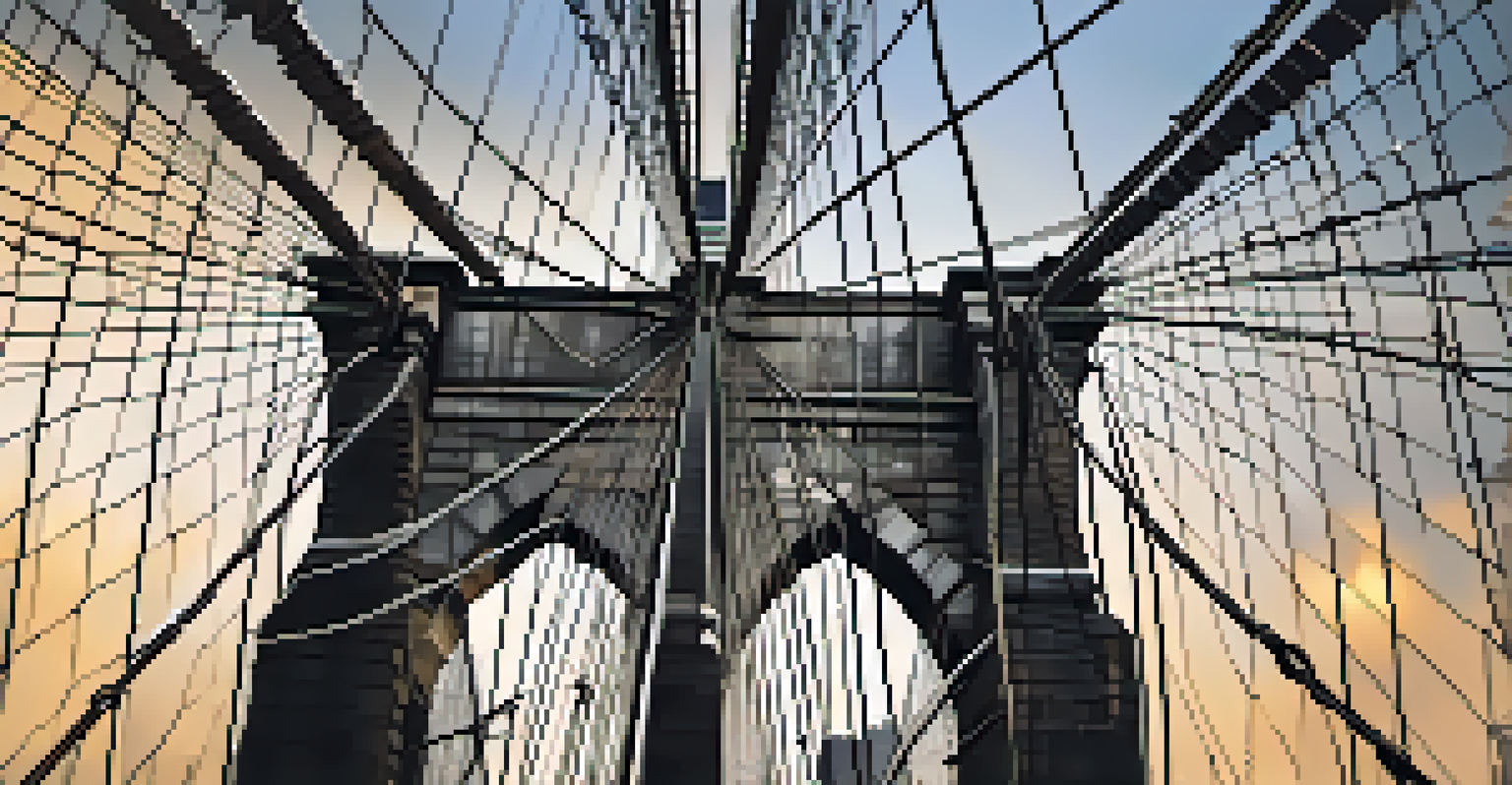 A close-up view of the Brooklyn Bridge's steel cable system with Manhattan's skyline in the background.