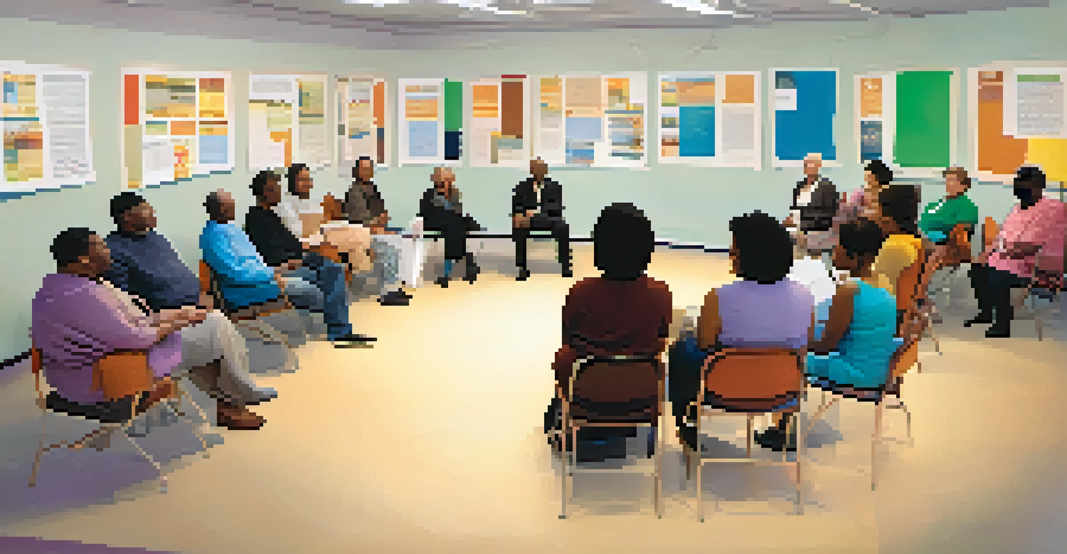A community forum in NYC with residents and health officials discussing public health, with a large poster in the background.