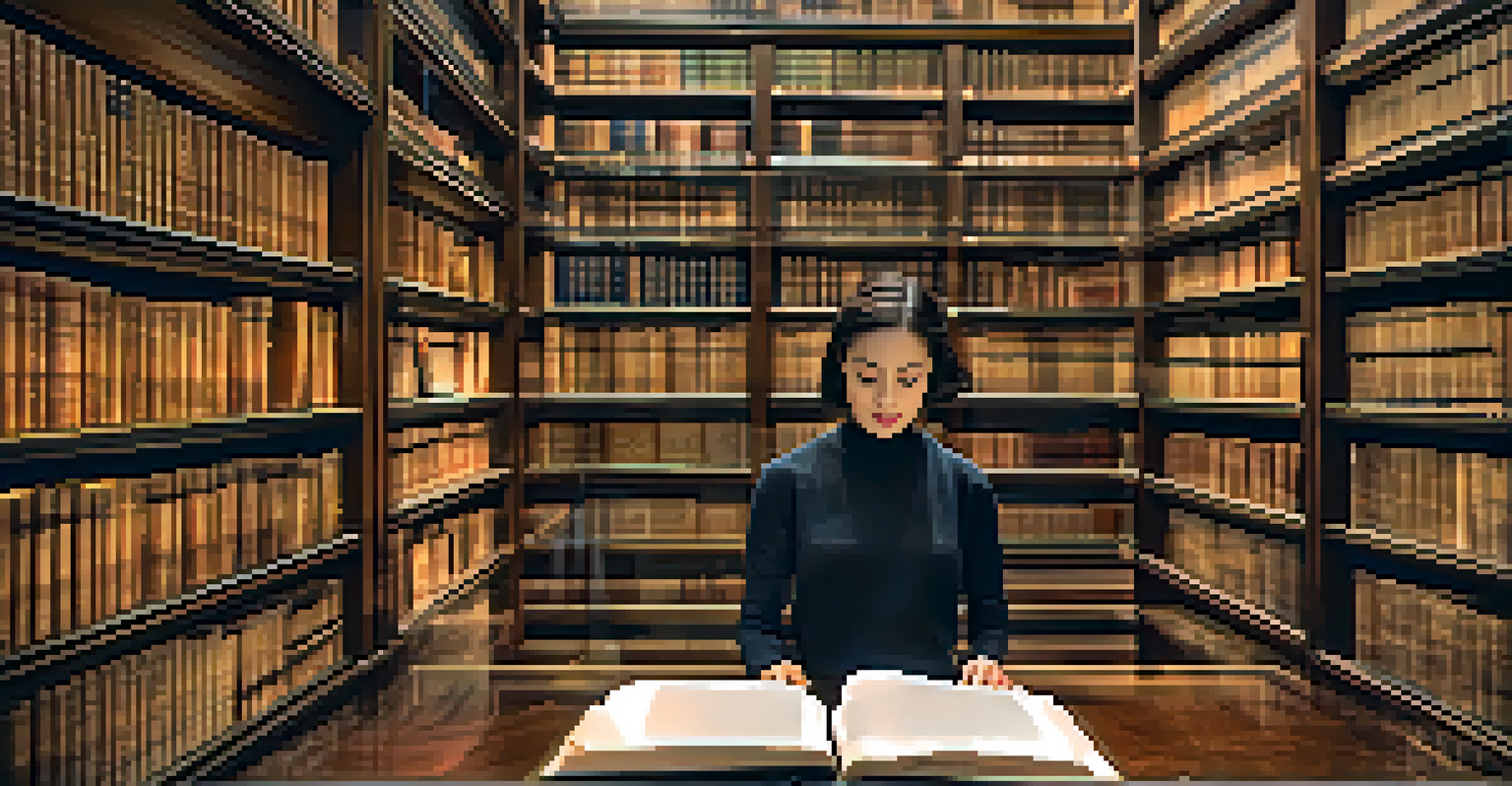 Historic manuscripts in a glass case at the New York Public Library, with blurred shelves of rare books in the background and a visitor admiring them.