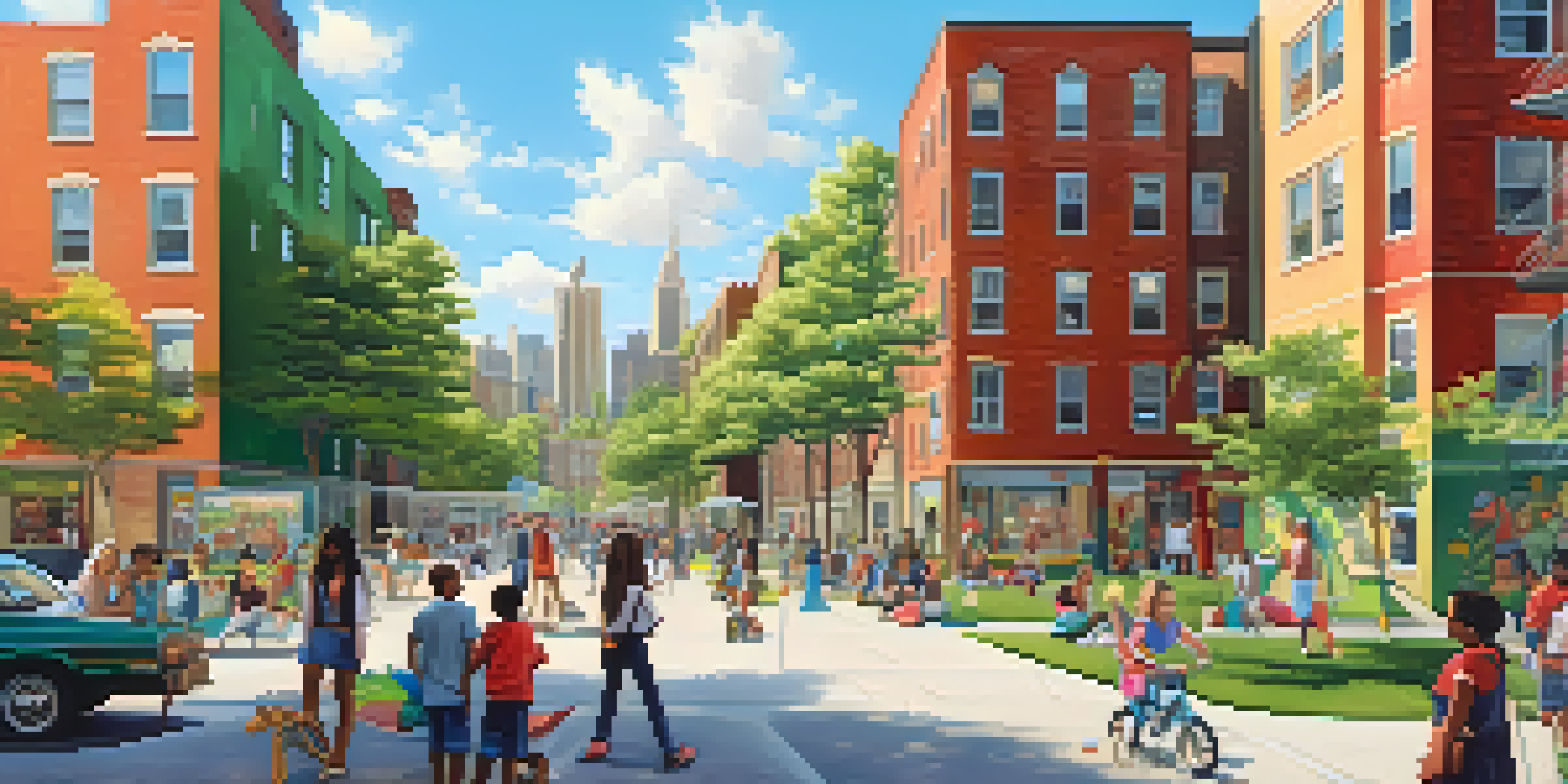 A lively street scene in New York City with families at a community park, colorful murals, and newly built affordable housing in the background.