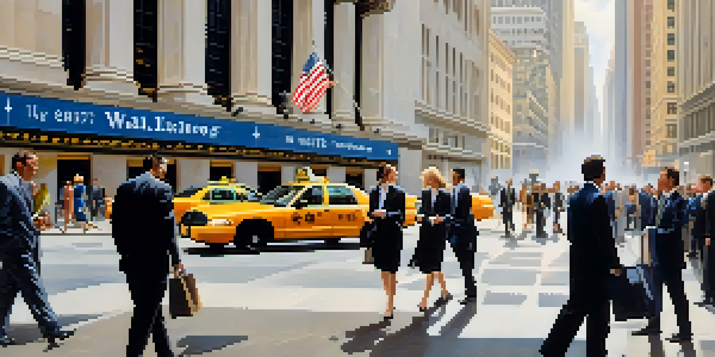 A vibrant Wall Street scene with the New York Stock Exchange and busy professionals in business attire.
