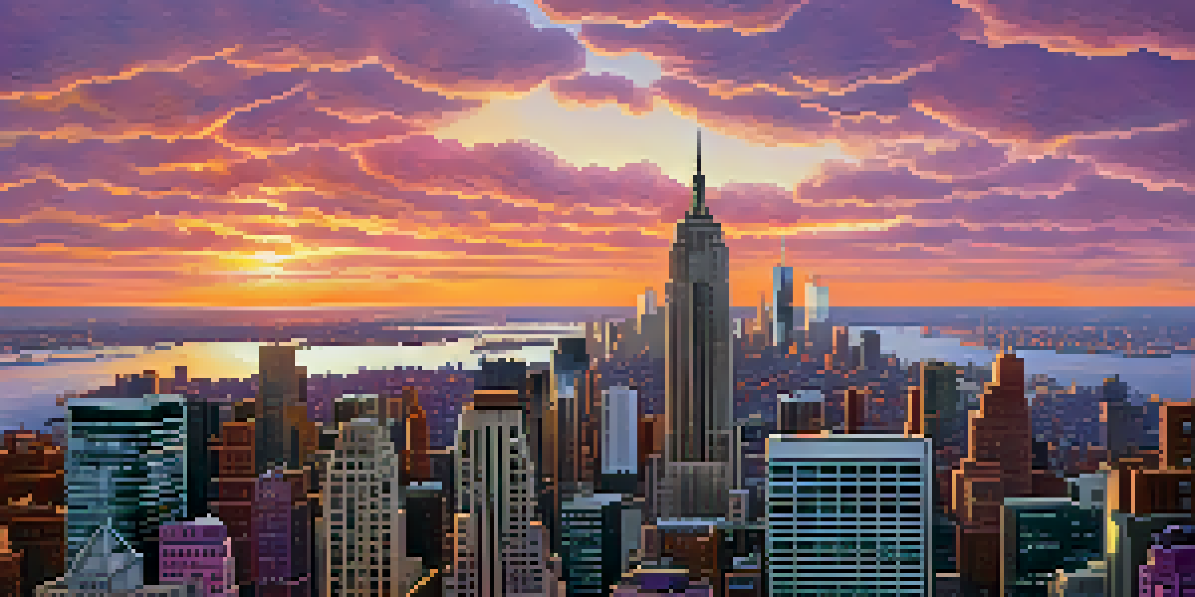 Aerial view of New York City at sunset, showcasing the skyline with vibrant colors in the sky.