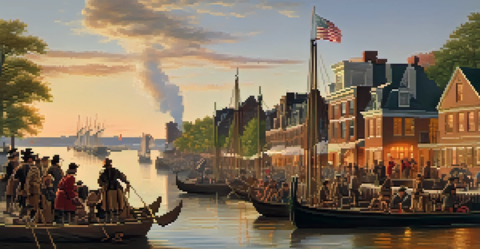A historical scene showing Dutch settlers and Lenape people by the Hudson River during the founding of New Amsterdam, with a colorful sunset and trading goods visible.