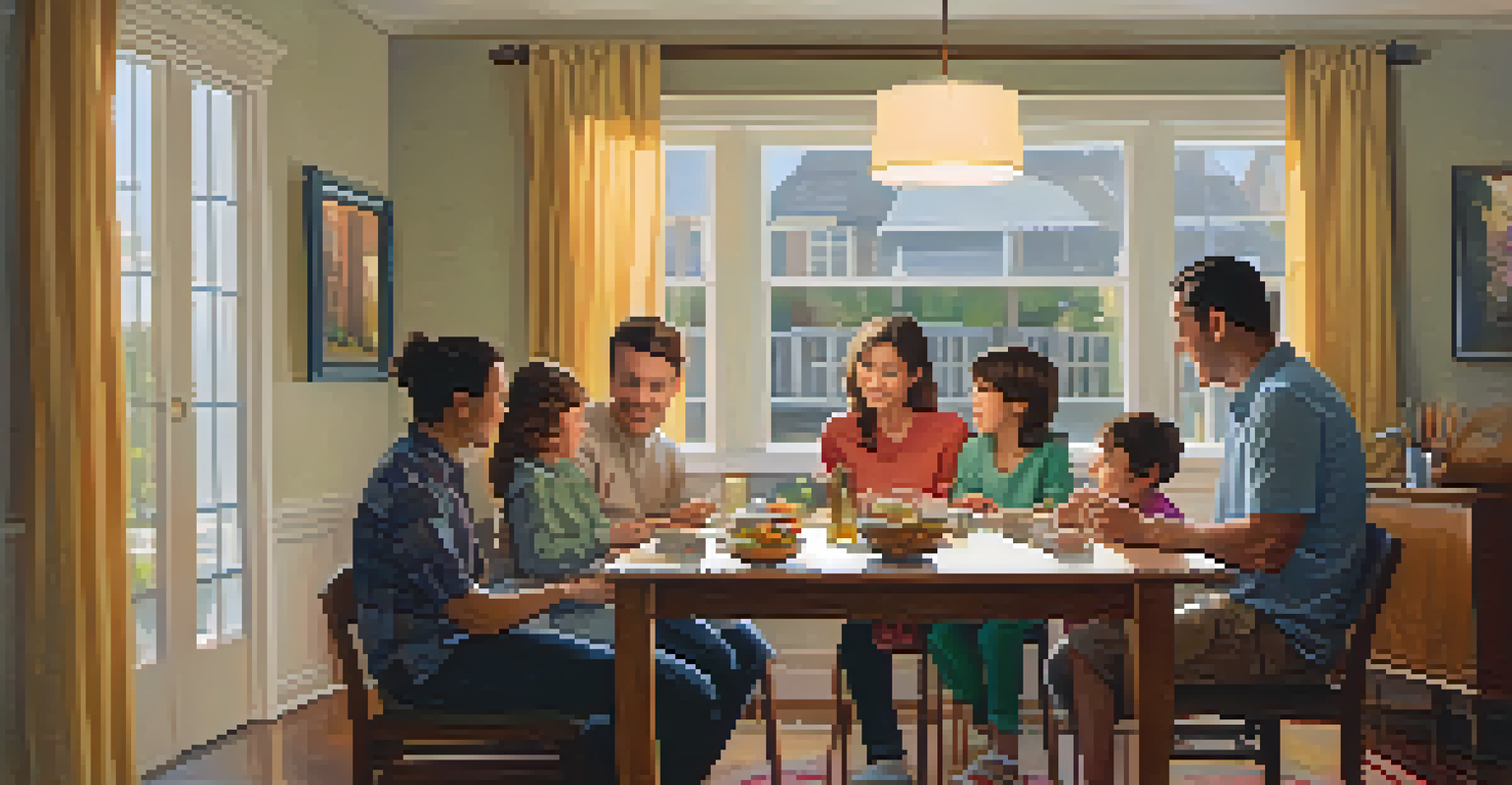 A family in a modest apartment discussing their budget around a small dining table, with personal touches and children playing in a cozy, softly lit room.