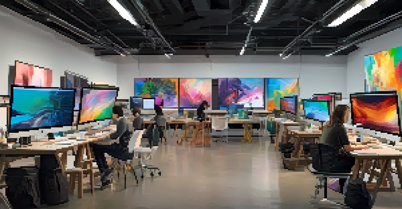 A modern digital art studio with artists using computers and tablets, ambient lighting, and colorful digital artwork on screens.