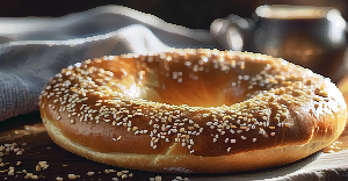 A freshly baked New York bagel with sesame seeds on a wooden table, illuminated by morning sunlight.