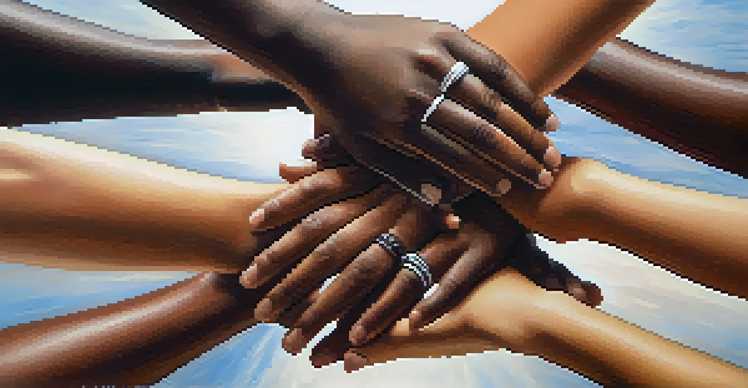 A close-up of diverse hands stacked together in solidarity, symbolizing unity and support in a peer support network.