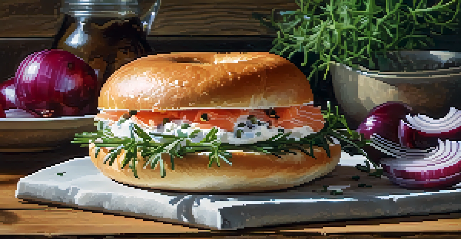 A close-up view of a New York bagel topped with cream cheese, smoked salmon, capers, and red onions on a rustic wooden table.