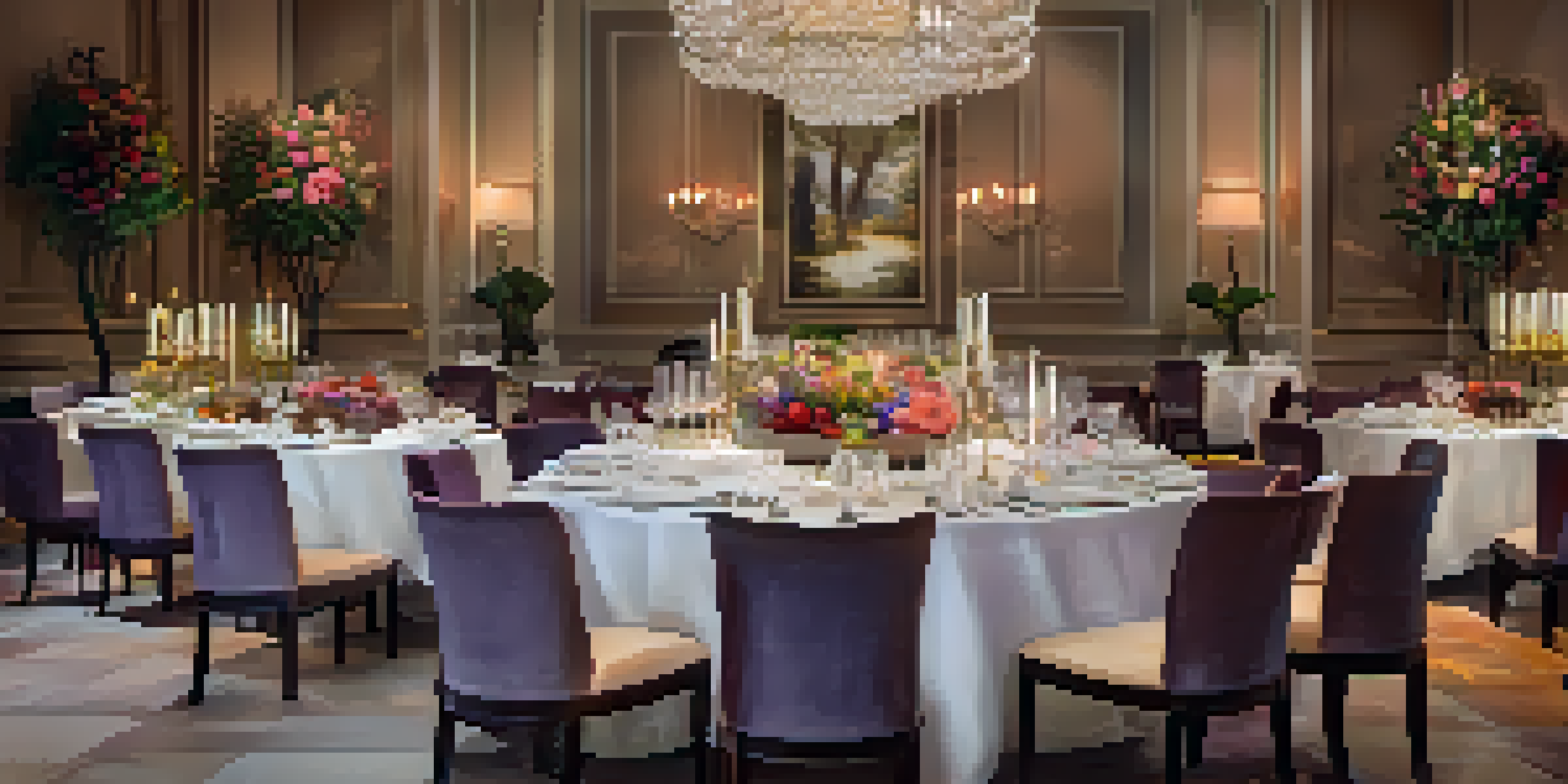 An elegantly set dining table at a Michelin-starred restaurant, showcasing exquisite dishes, crystal glassware, and a warm ambiance.