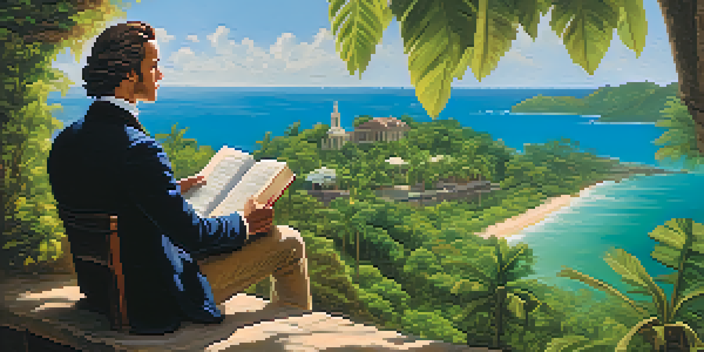 A young Alexander Hamilton stands in a tropical village, holding a book and looking towards the horizon, surrounded by greenery and warm sunlight.