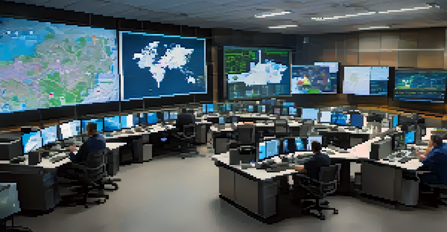 An emergency operations center with health officials and responders collaborating, displays showing real-time data.