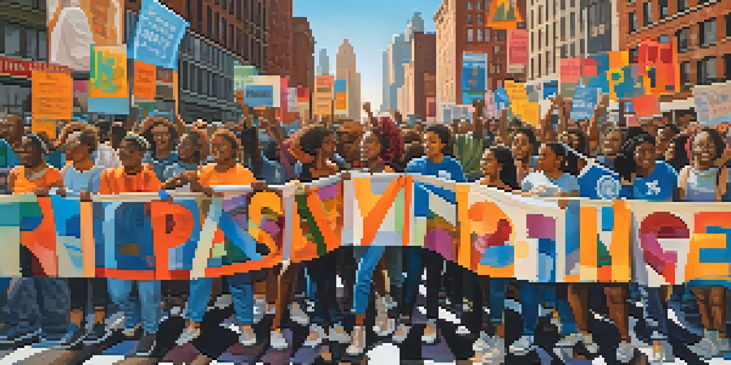 A diverse group of youth activists in New York City holding colorful signs for racial justice, with iconic buildings in the background.