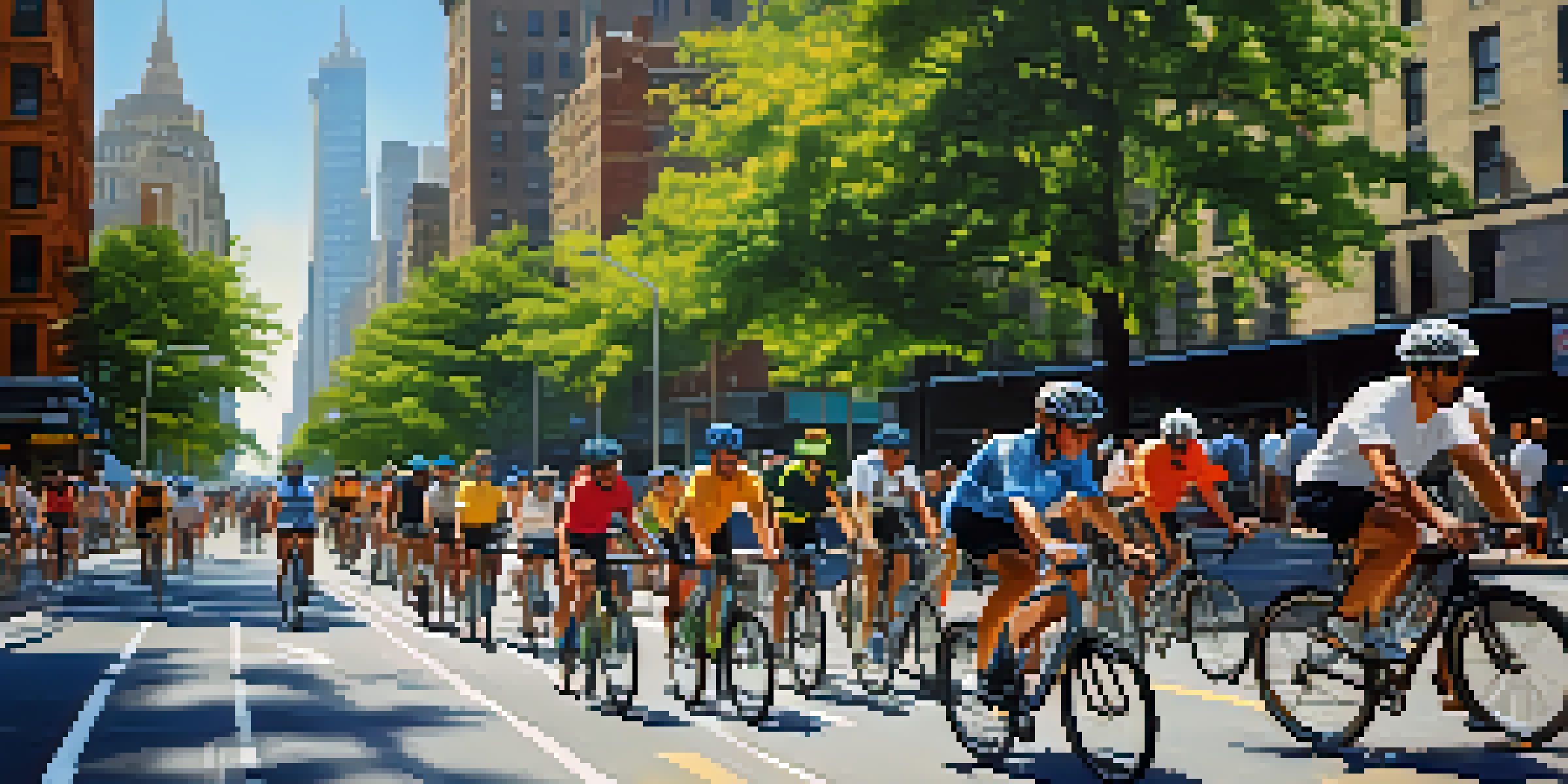 A busy New York City street with cyclists riding in a bike lane, featuring the skyline in the background and greenery along the path.