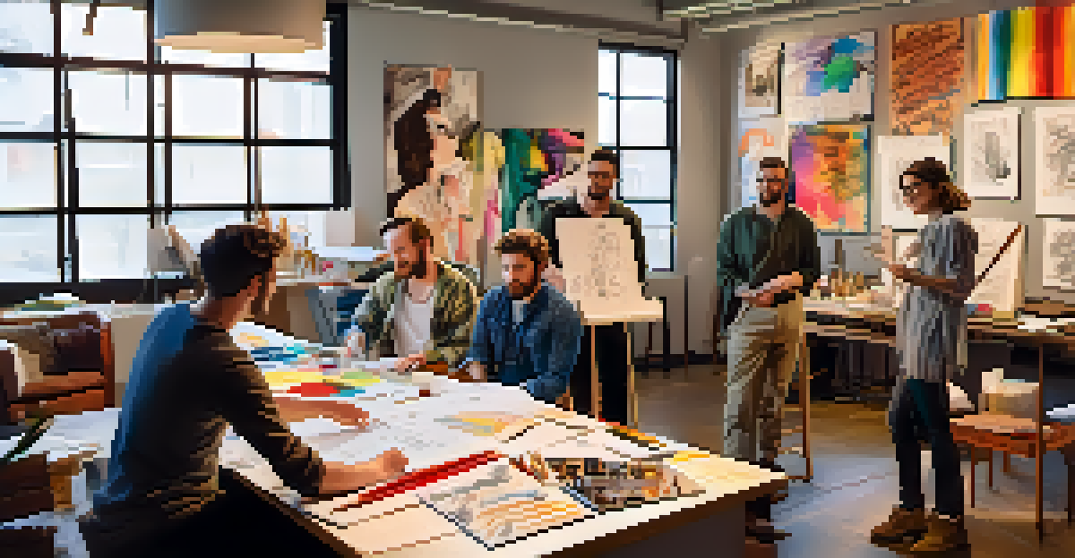 A creative workspace where emerging theater artists collaborate on their production, with sketches, scripts, and props around them.