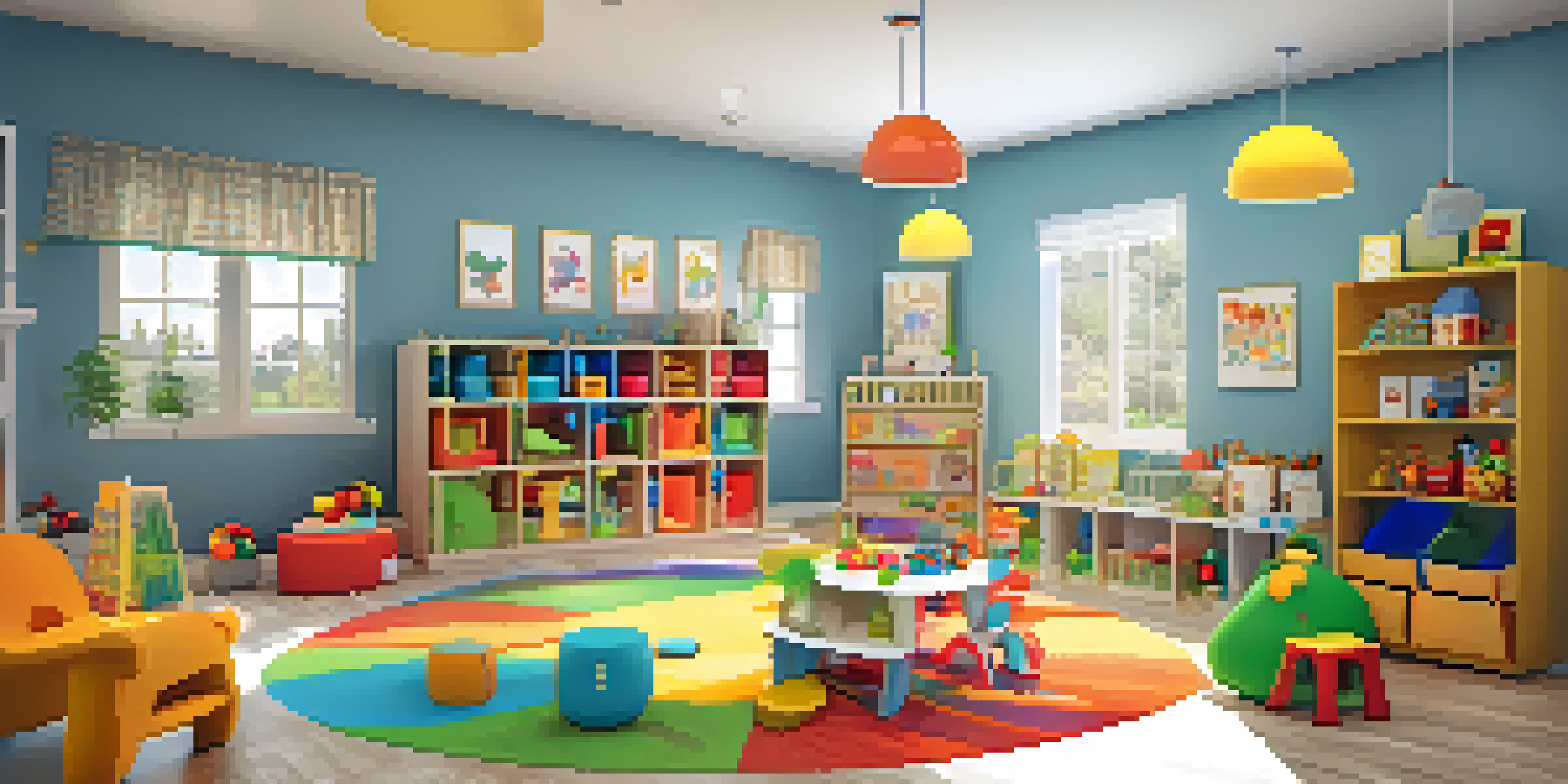 A home-based daycare with children playing and a caregiver assisting them in a brightly lit and colorful room.