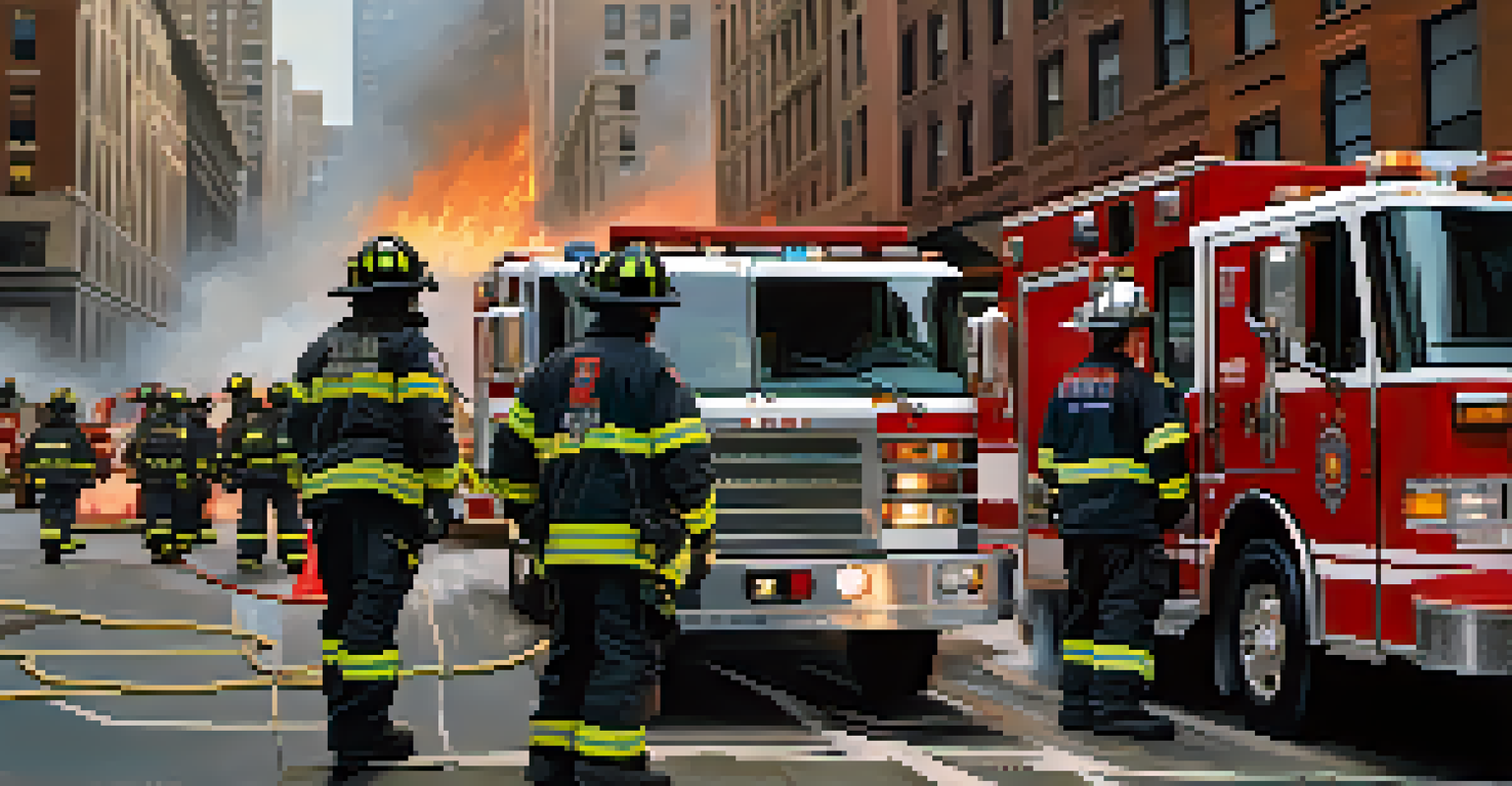 NYC first responders, including firefighters and police officers, engaged in a training exercise amidst a simulated disaster scenario.