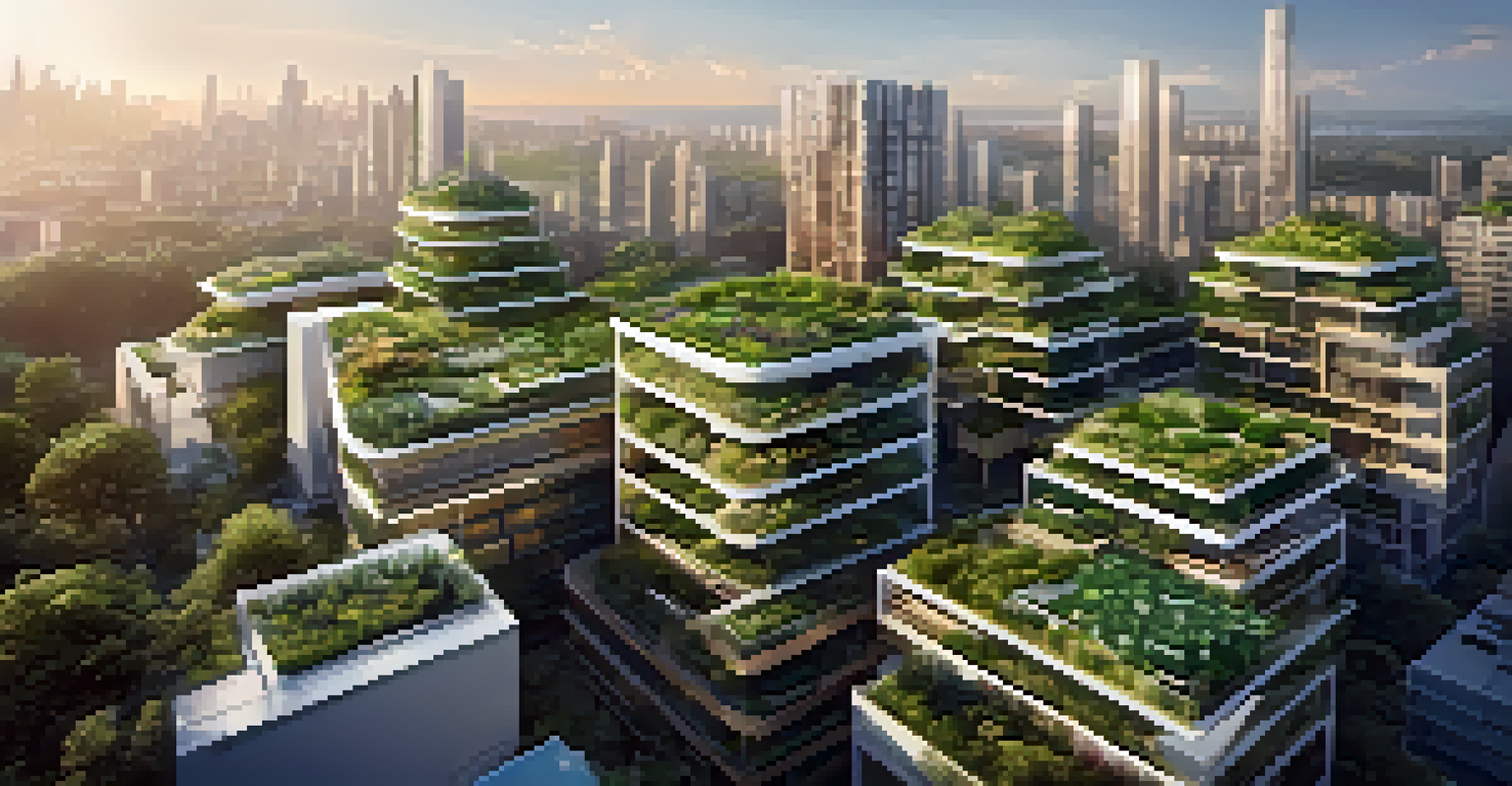 Aerial view of a city with green roofs and vertical gardens, demonstrating the integration of nature into urban architecture.