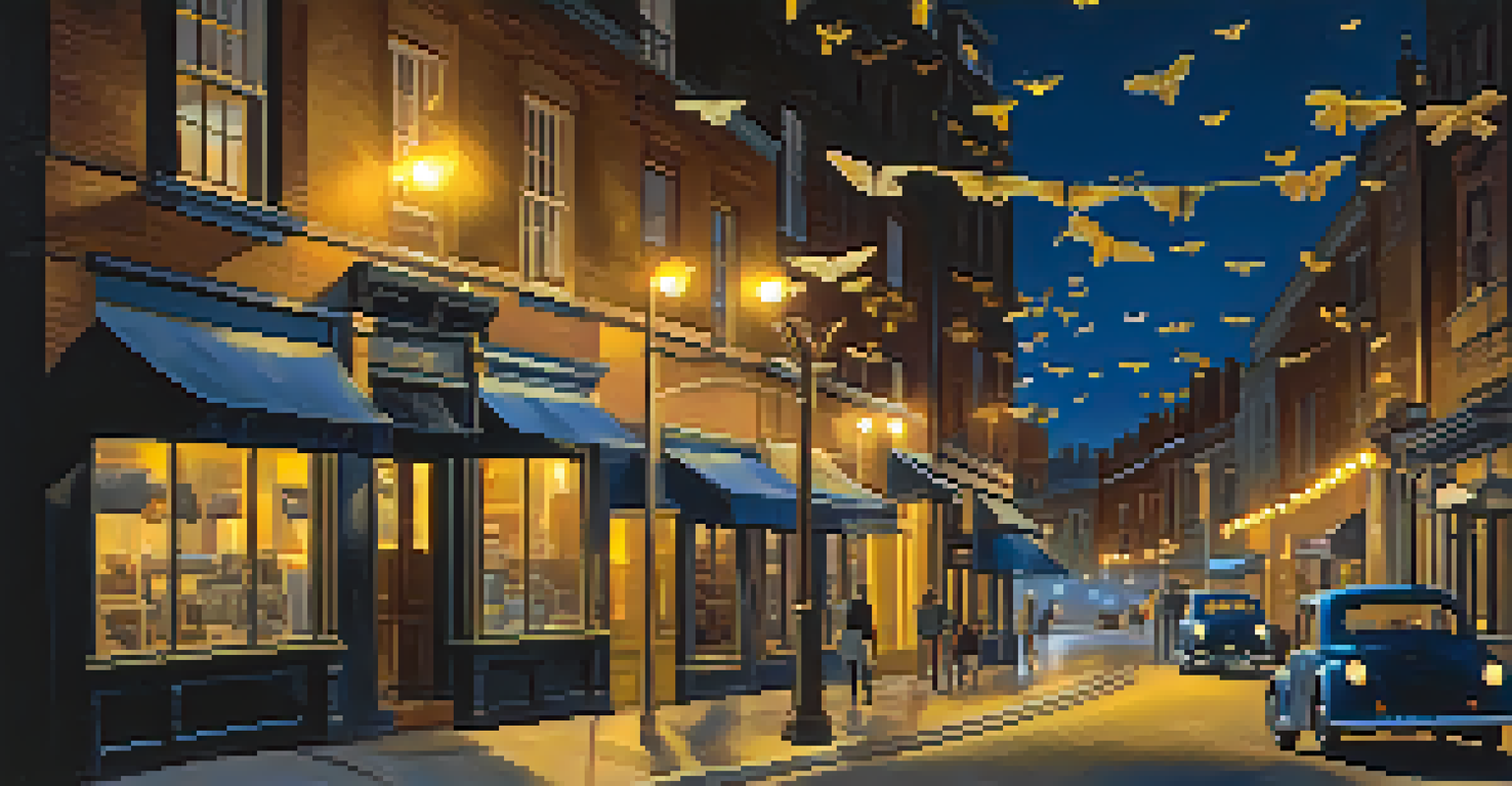 A calm nighttime scene of moths around street lamps in a city setting.