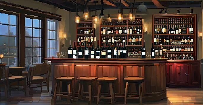 A cozy wine bar with dim lighting, wooden shelves filled with wine bottles, and a couple sharing a bottle of red wine at a small table.