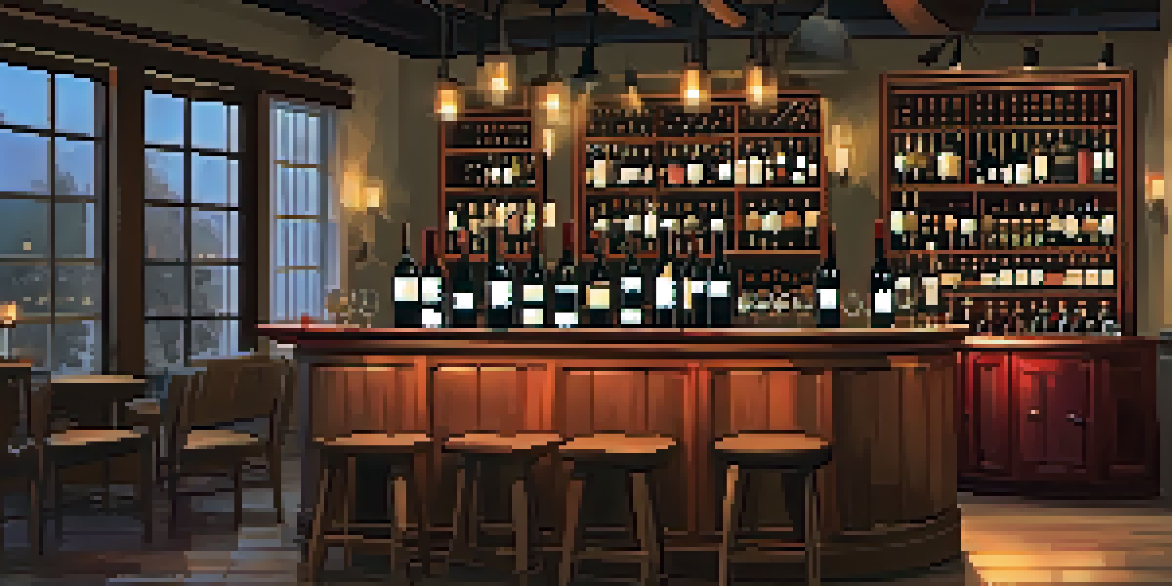 A cozy wine bar with dim lighting, wooden shelves filled with wine bottles, and a couple sharing a bottle of red wine at a small table.