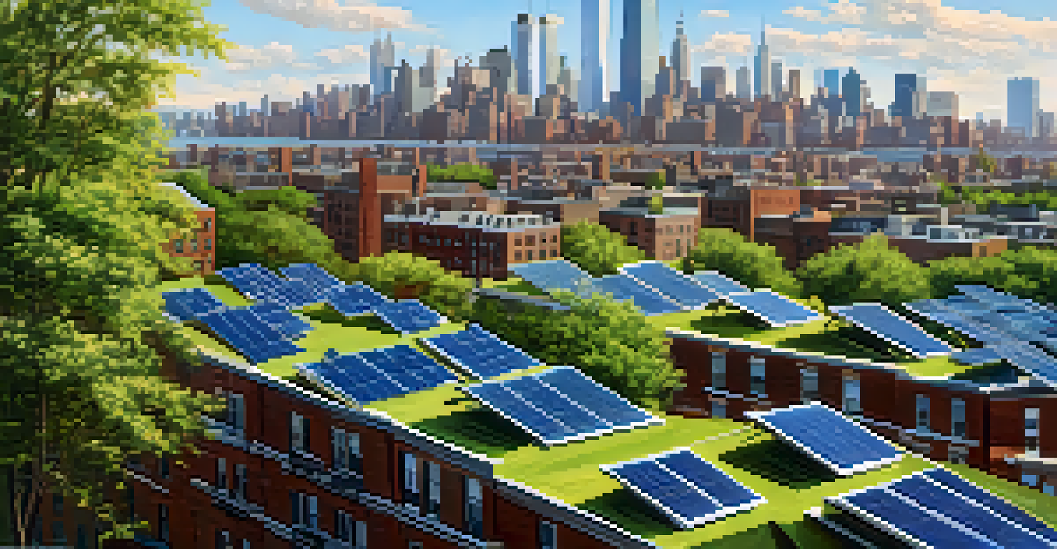 A rooftop view of New York City featuring solar panels and greenery among the skyline.