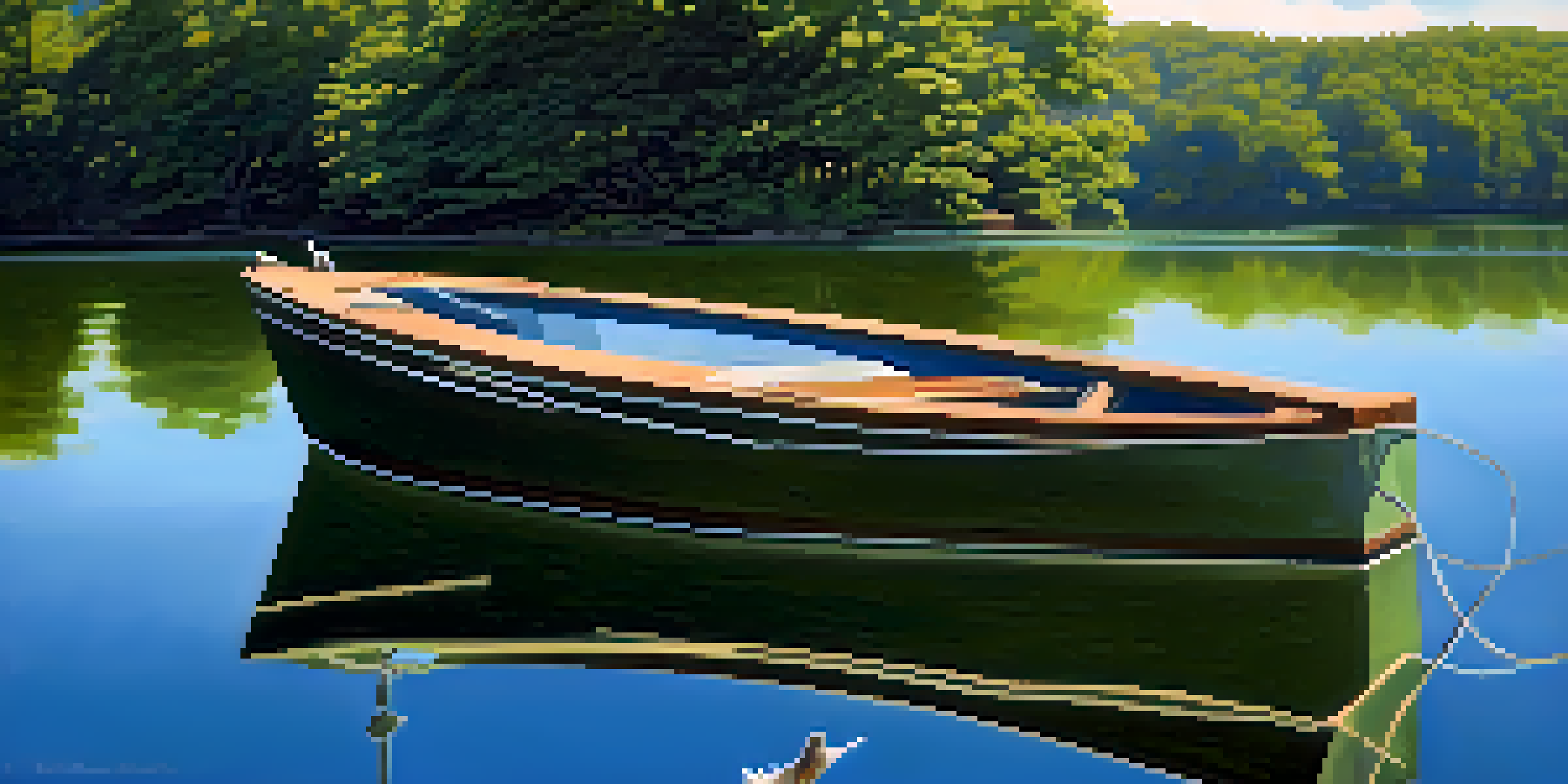 A peaceful scene of NYC's water reservoirs, showing greenery, sunlight, and a wooden boat on the water.