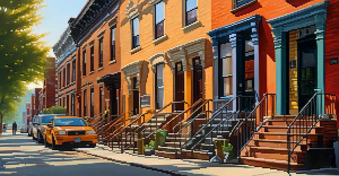 A lively Brooklyn street with brownstone buildings, outdoor cafes, and diverse pedestrians during golden hour.