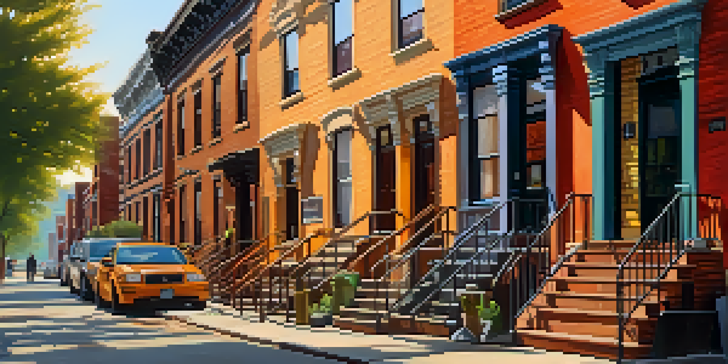 A lively Brooklyn street with brownstone buildings, outdoor cafes, and diverse pedestrians during golden hour.