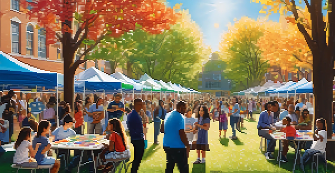A lively school yard event showcasing community engagement with parents, students, and teachers interacting under sunny skies.