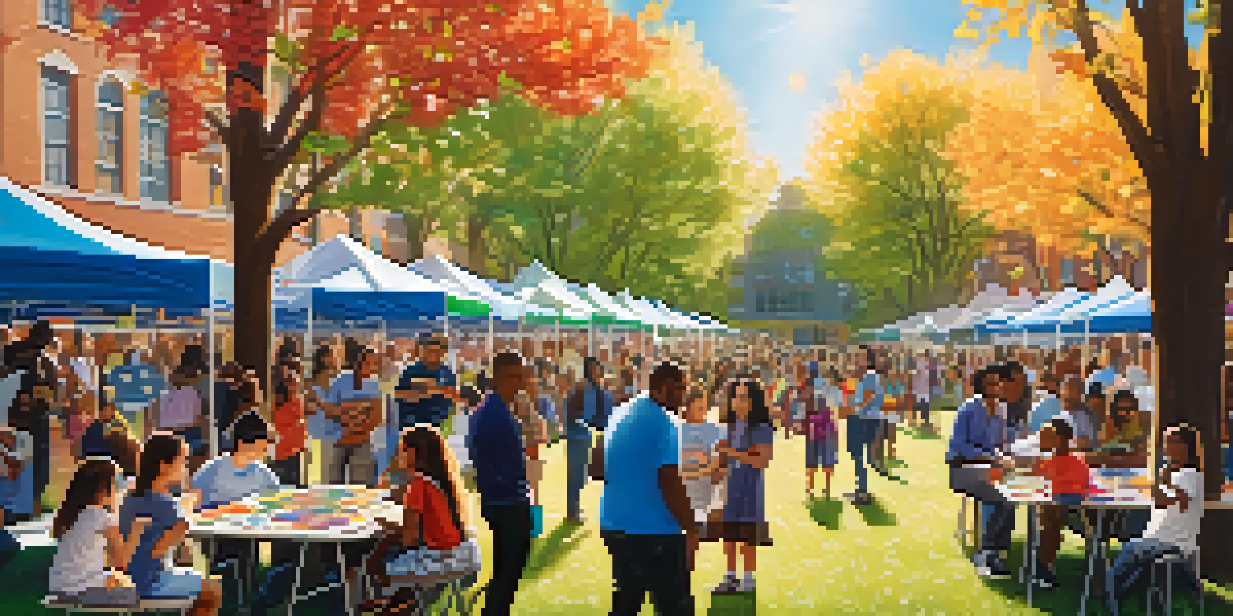 A lively school yard event showcasing community engagement with parents, students, and teachers interacting under sunny skies.
