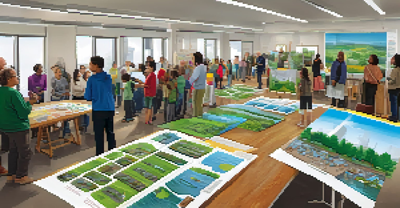 A community workshop with residents discussing climate resilience, surrounded by educational materials and diverse participants.