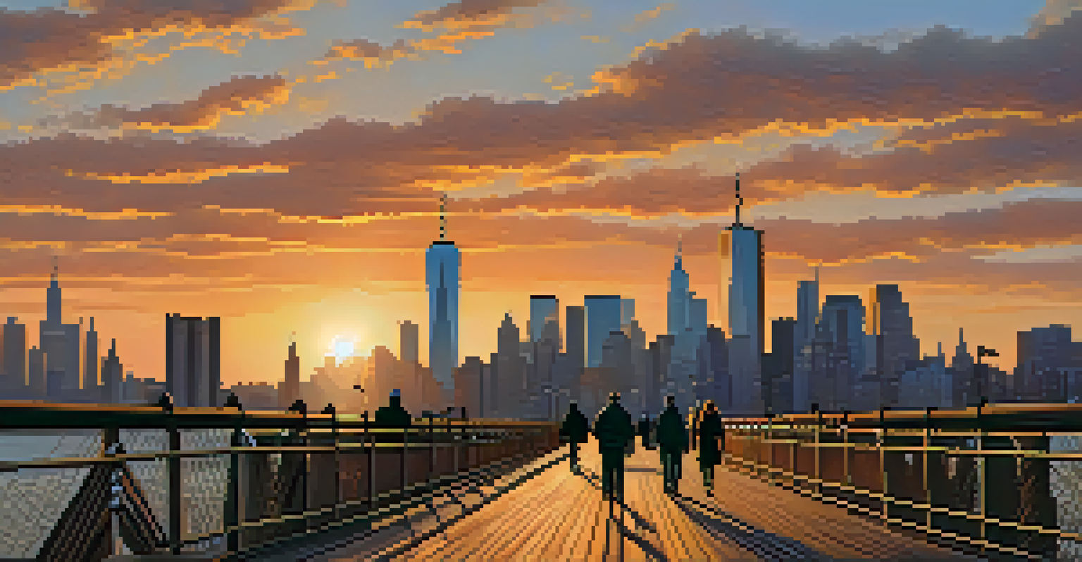 A sunset view from the Brooklyn Bridge, highlighting Manhattan's skyline and the bridge's structure.
