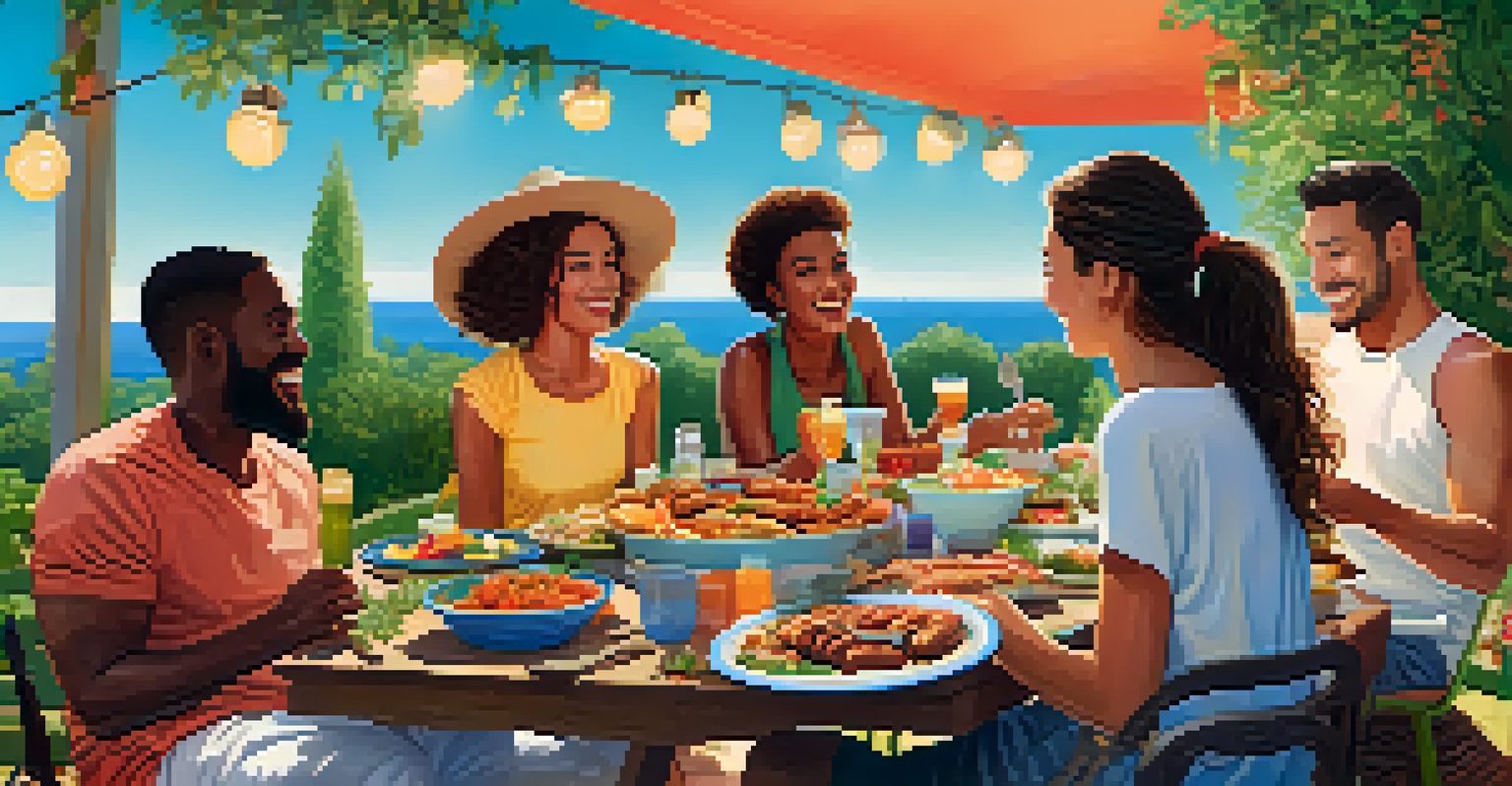 A cheerful backyard barbecue with friends of diverse backgrounds, colorful dishes on a table, and green plants all around, creating a festive atmosphere.
