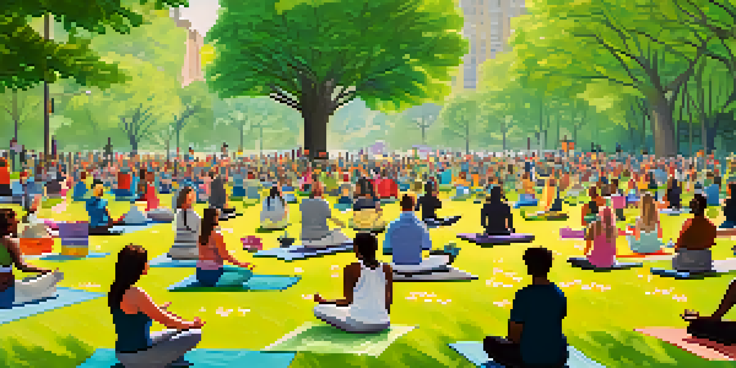 A diverse group of people participating in a mental health event in a New York City park, engaging in yoga and meditation under sunny skies.