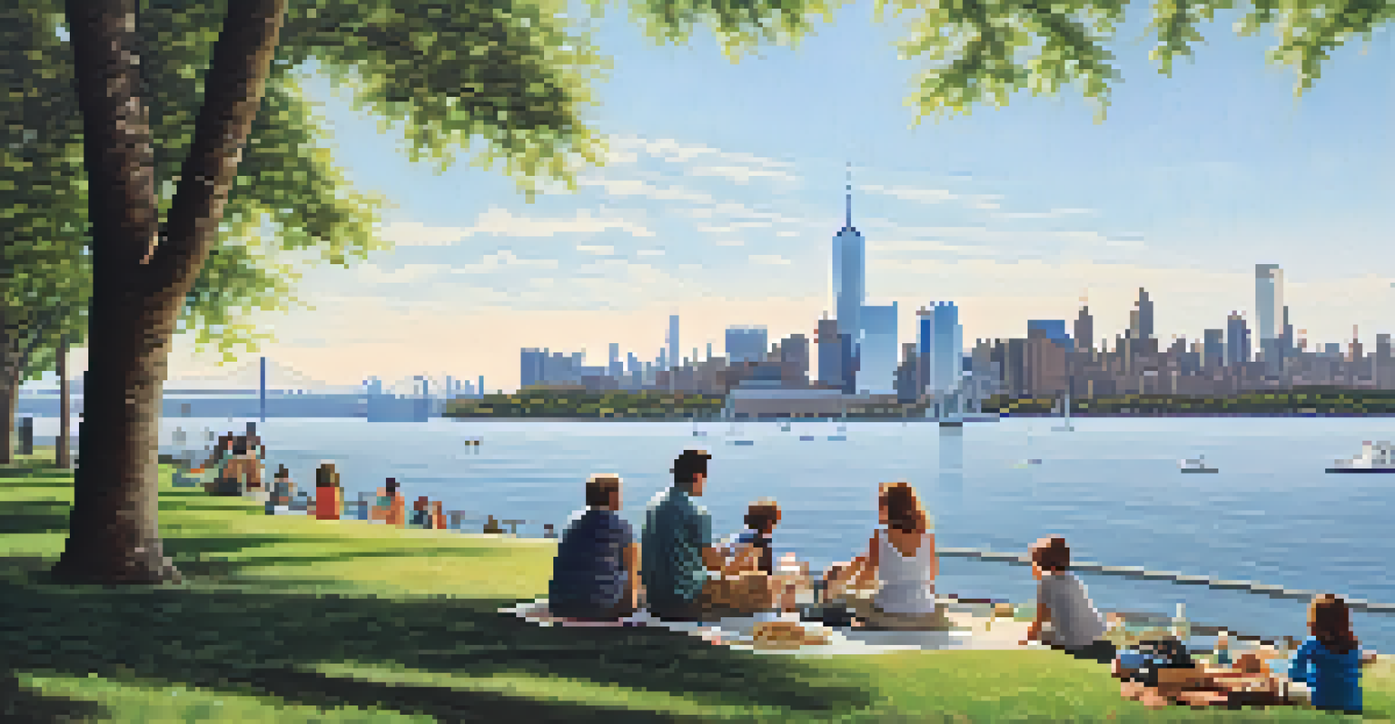 A peaceful waterfront scene in Staten Island with families picnicking in a park and the Manhattan skyline in the background.