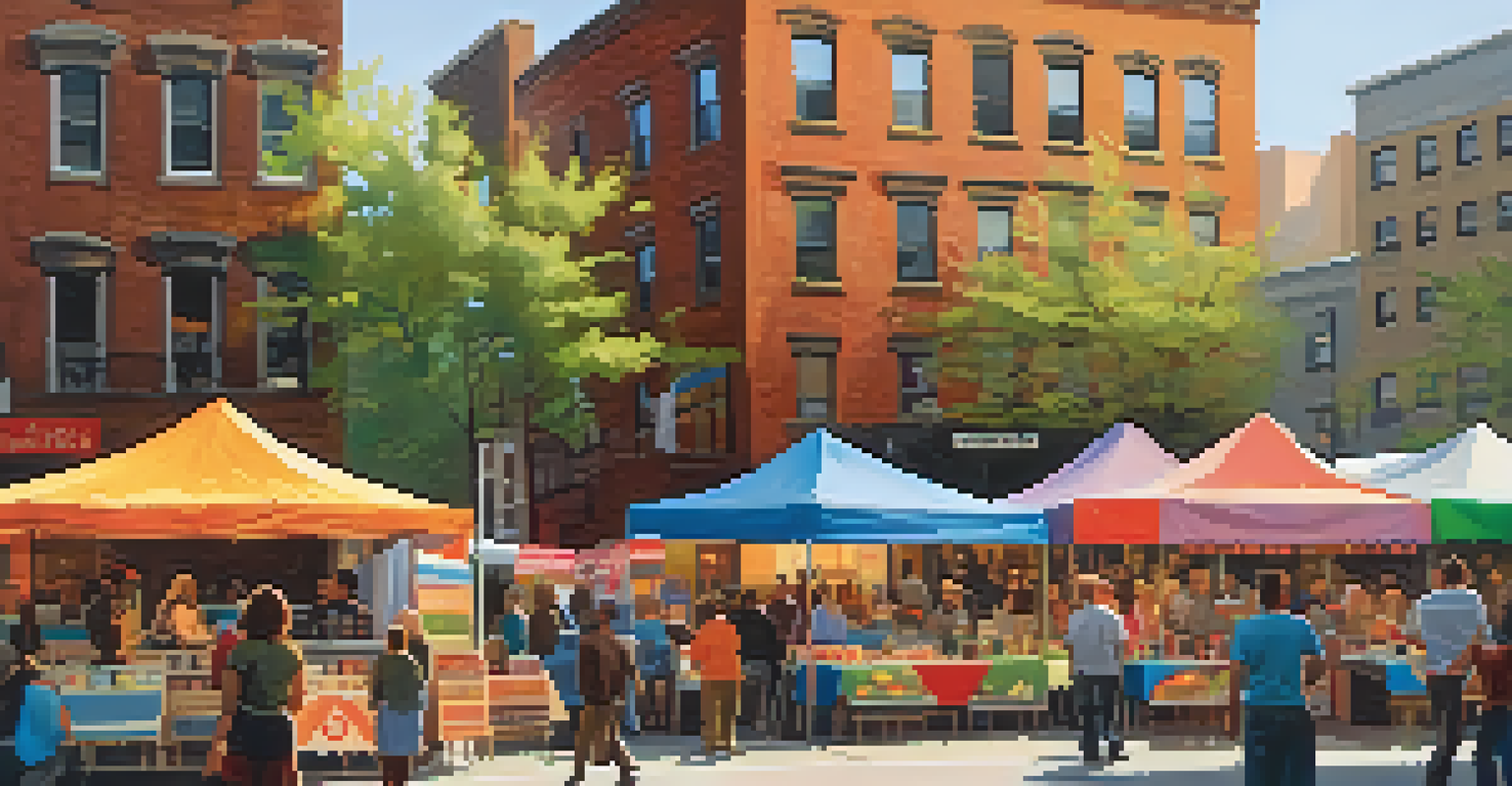 A community event in NYC with neighbors supporting local businesses, featuring colorful stalls and a warm sunset.
