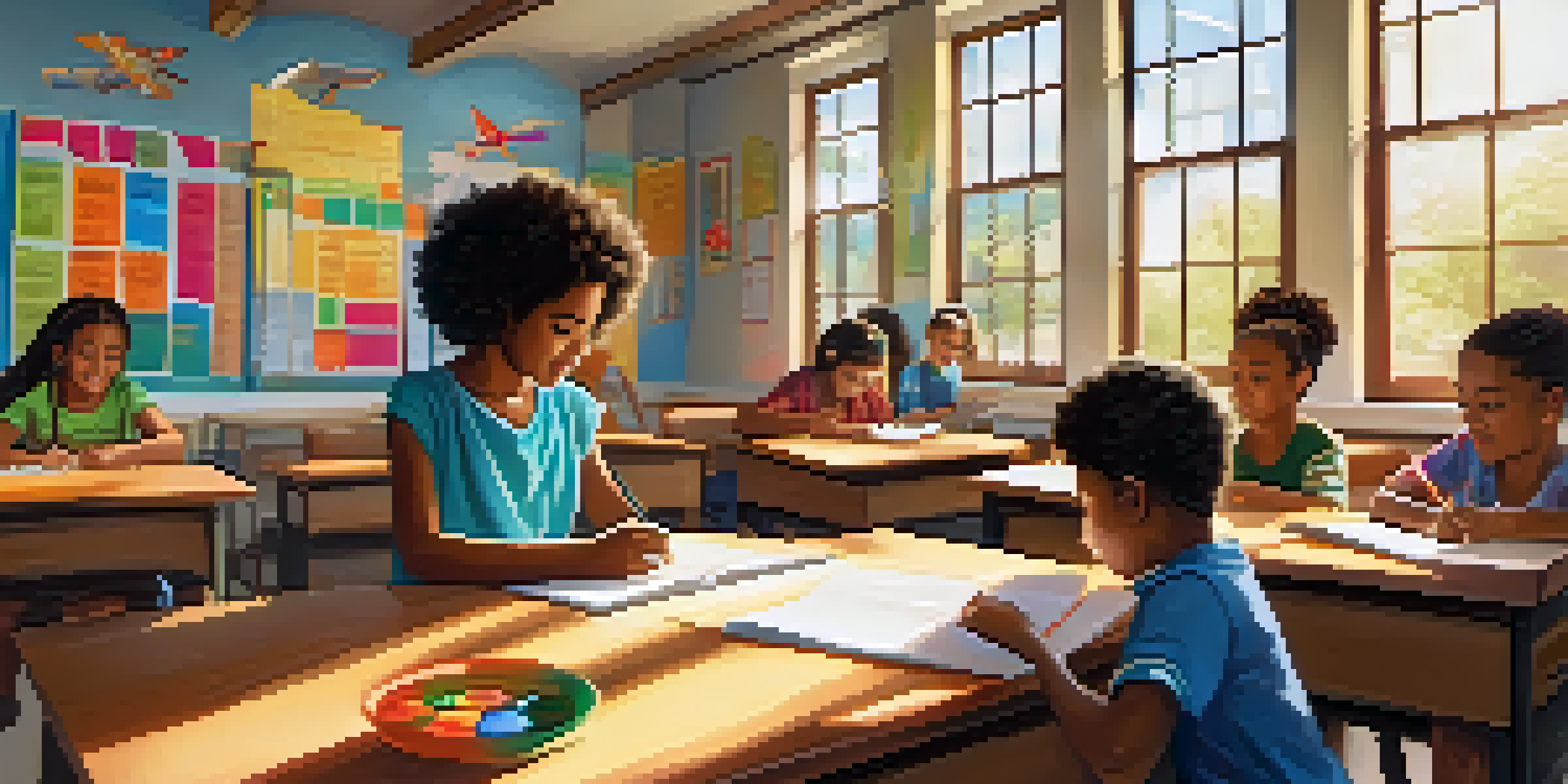 A vibrant classroom with children of diverse backgrounds learning together, with colorful educational materials and a supportive teacher.
